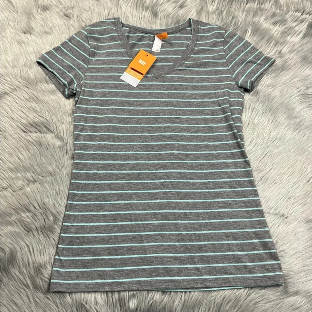 Lucy Short Sleeve Layerup V Neck Striped Shirt Gray Size XS